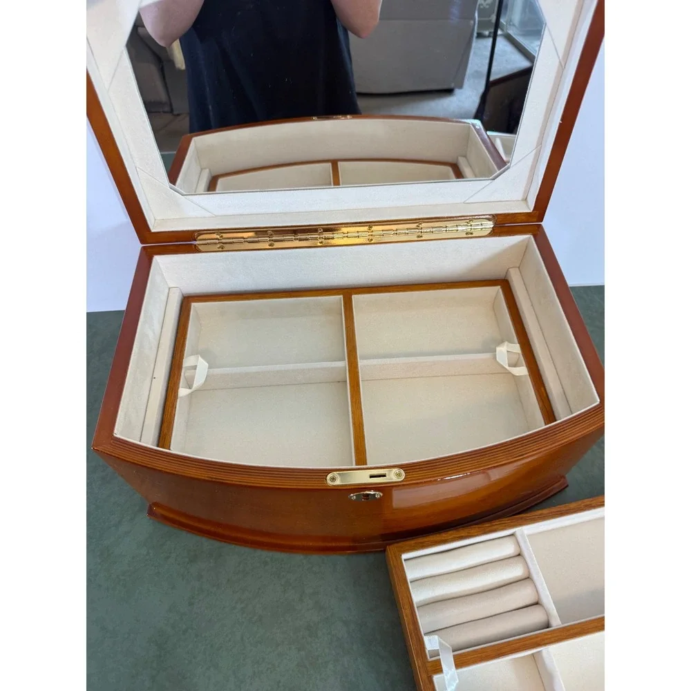 Large Wooden Jewelry Box Chest Locking Bow Front 2 Removable Trays Mirror Key